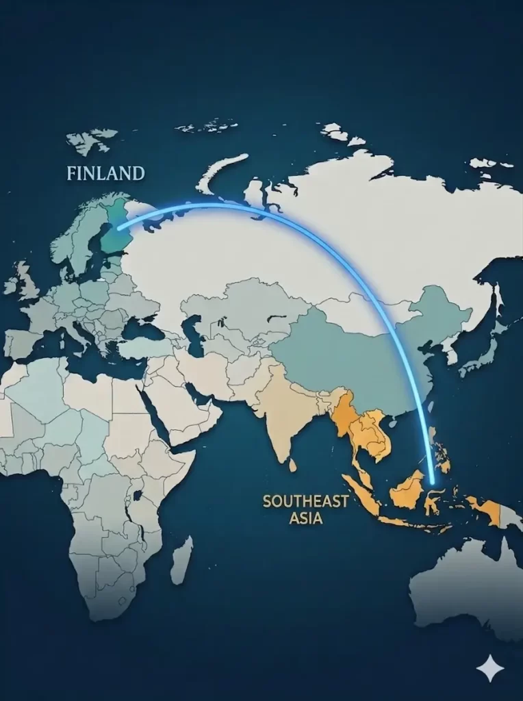 map of world that highlights finland and southeast asia and draws a curved line between them