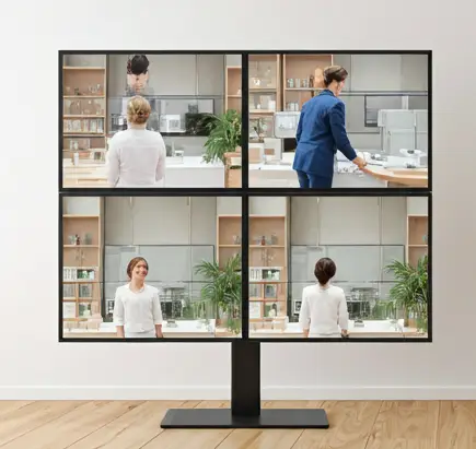 display showing four screens of webinar