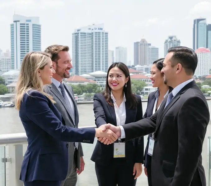 group shaking hands next to river