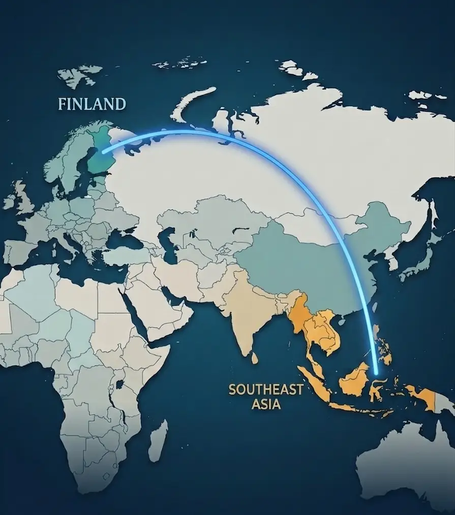 map of world that highlights finland and southeast asia and draws a curved line between them